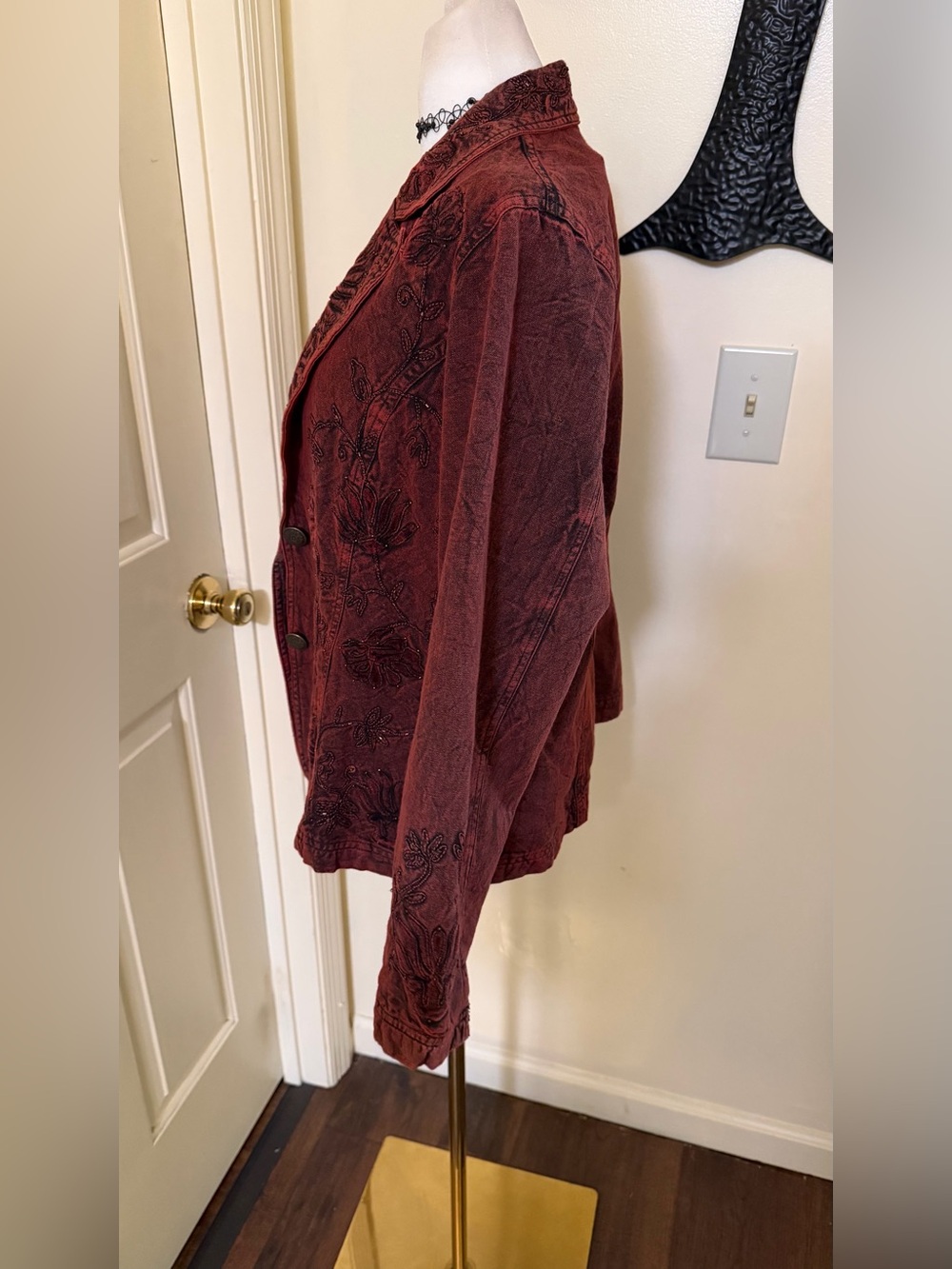 Coldwater Creek Embroidered Boho Jacket Size 14 Burgundy Cotton Artsy Blazer - Picture 11 of 15